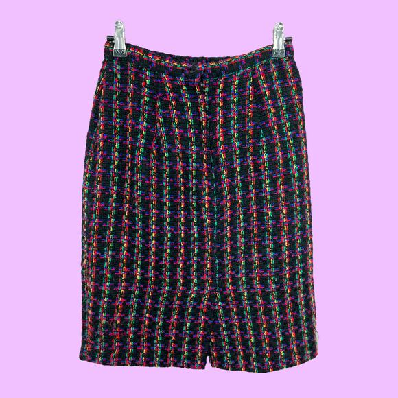 Easy Pieces US 6 American VINTAGE Wool Blend Black Neon Tweed Mini Pencil Skirt - Picture 2 of 9